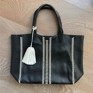 Unique Black Leather Tote Bag with White Whipstitch & Tassel Accent